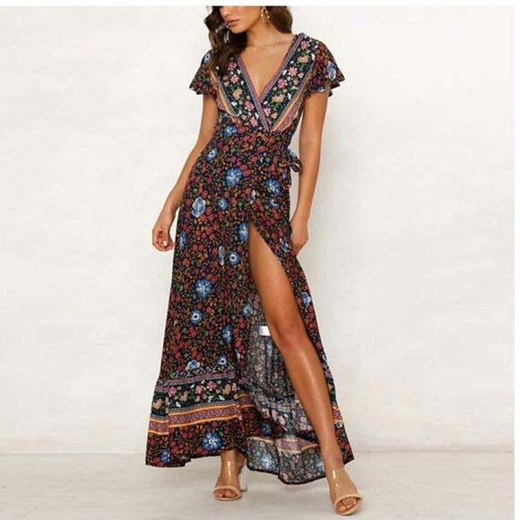 FASHION Multicolored Floral Print V-Neckline Side Slit Tropical Maxi Dress SizeL - Picture 3 of 13